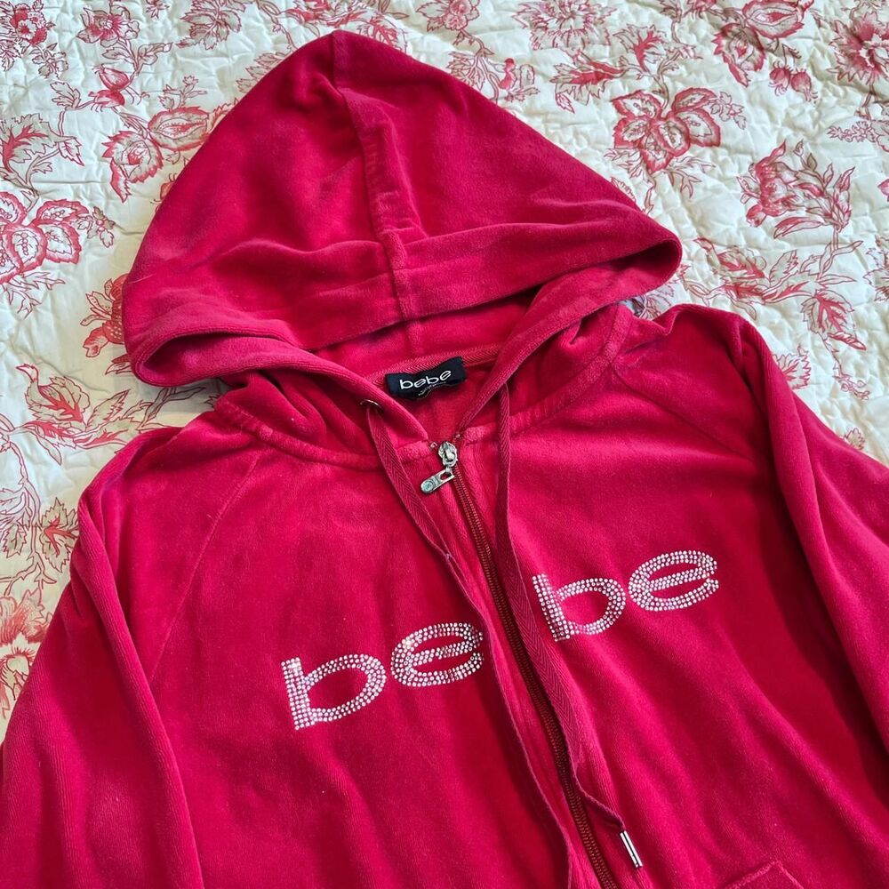 Early 2000s Y2K Bebe Rhinestone Velour super soft Cherry Red Hoodie! - Picture 2 of 4